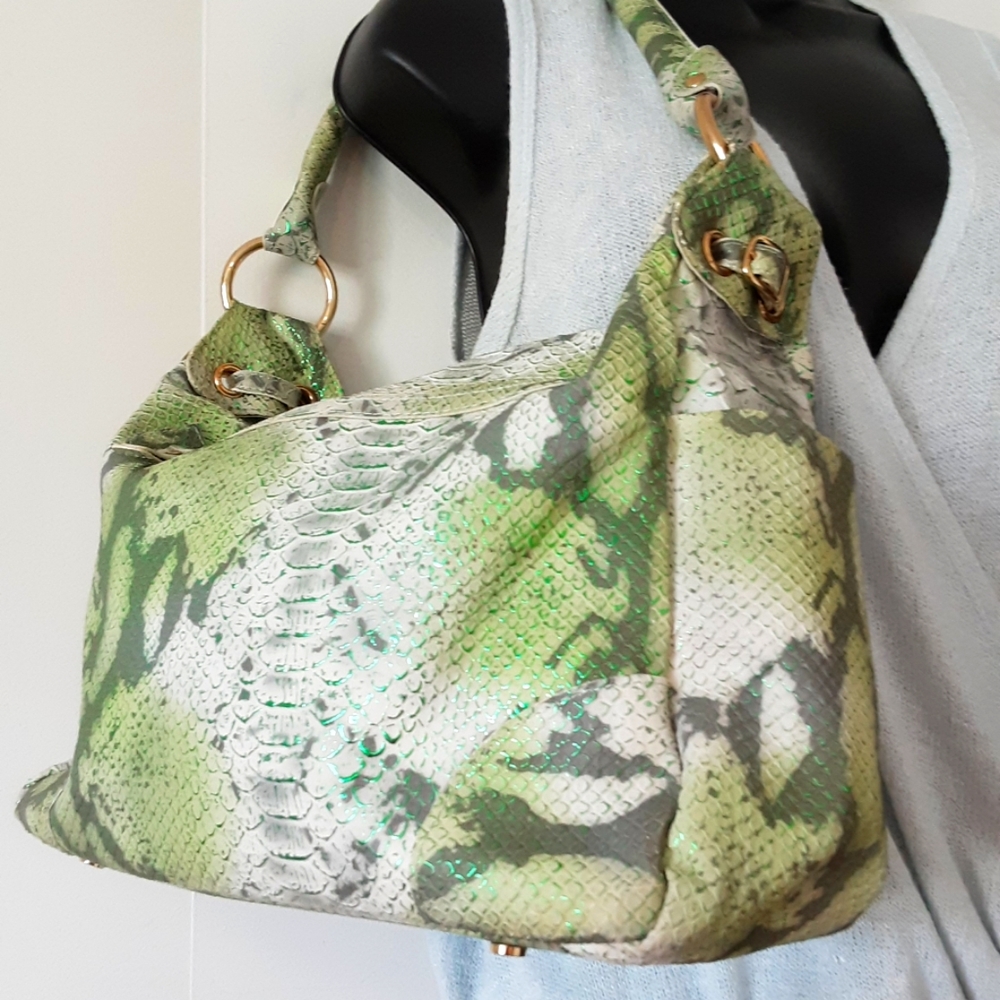 Joan Rivers Faux Green Metallic Python Shoulder Bag VTG
